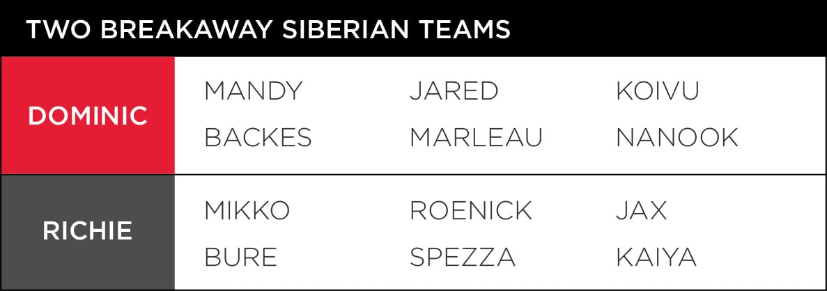 An interior chart detailing the sled dogs that made up two different Breakaway Siberian sled teams led by Dominic and Richie.