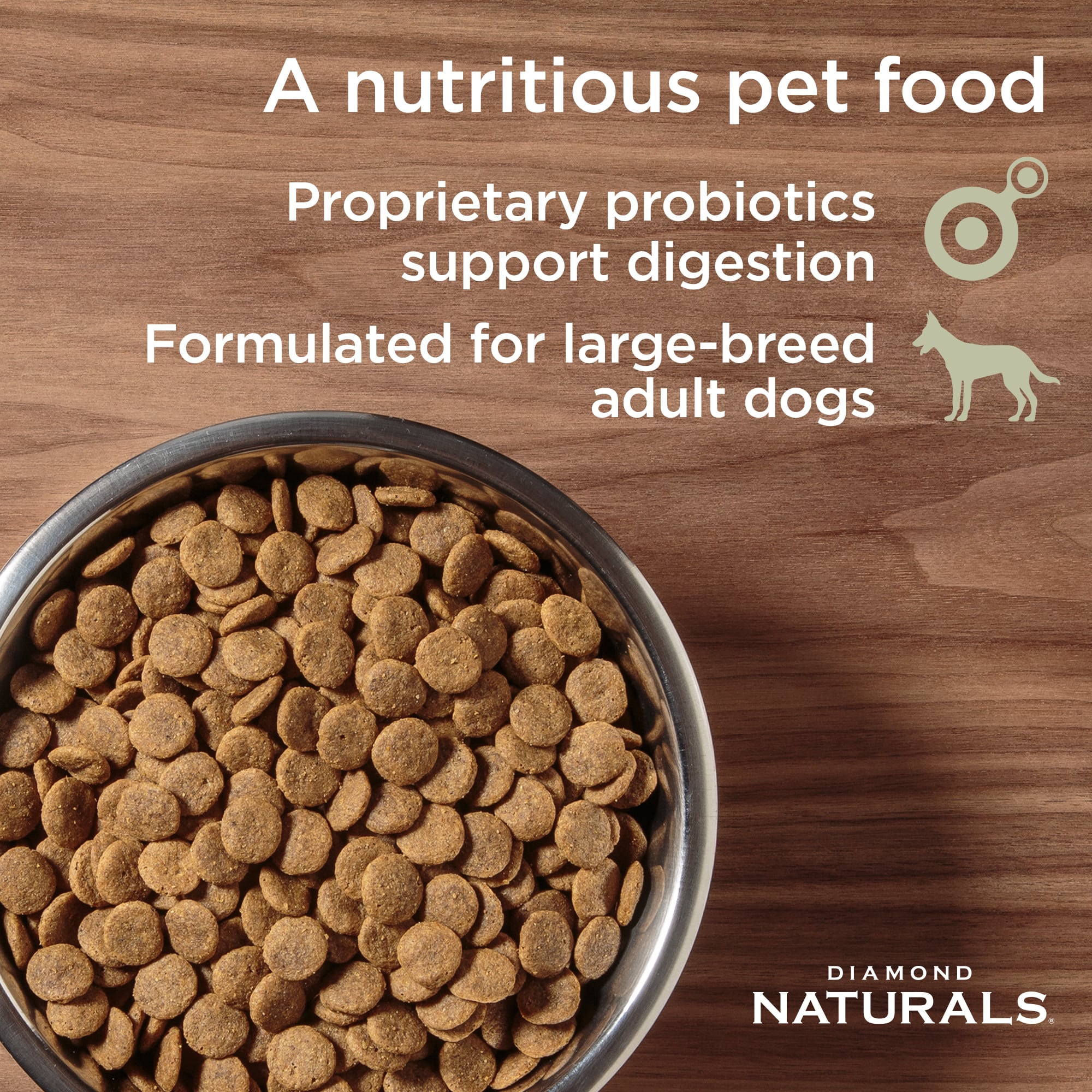 A metal bowl full of Diamond Naturals Large Breed Adult Dog Chicken & Rice Formula kibble.