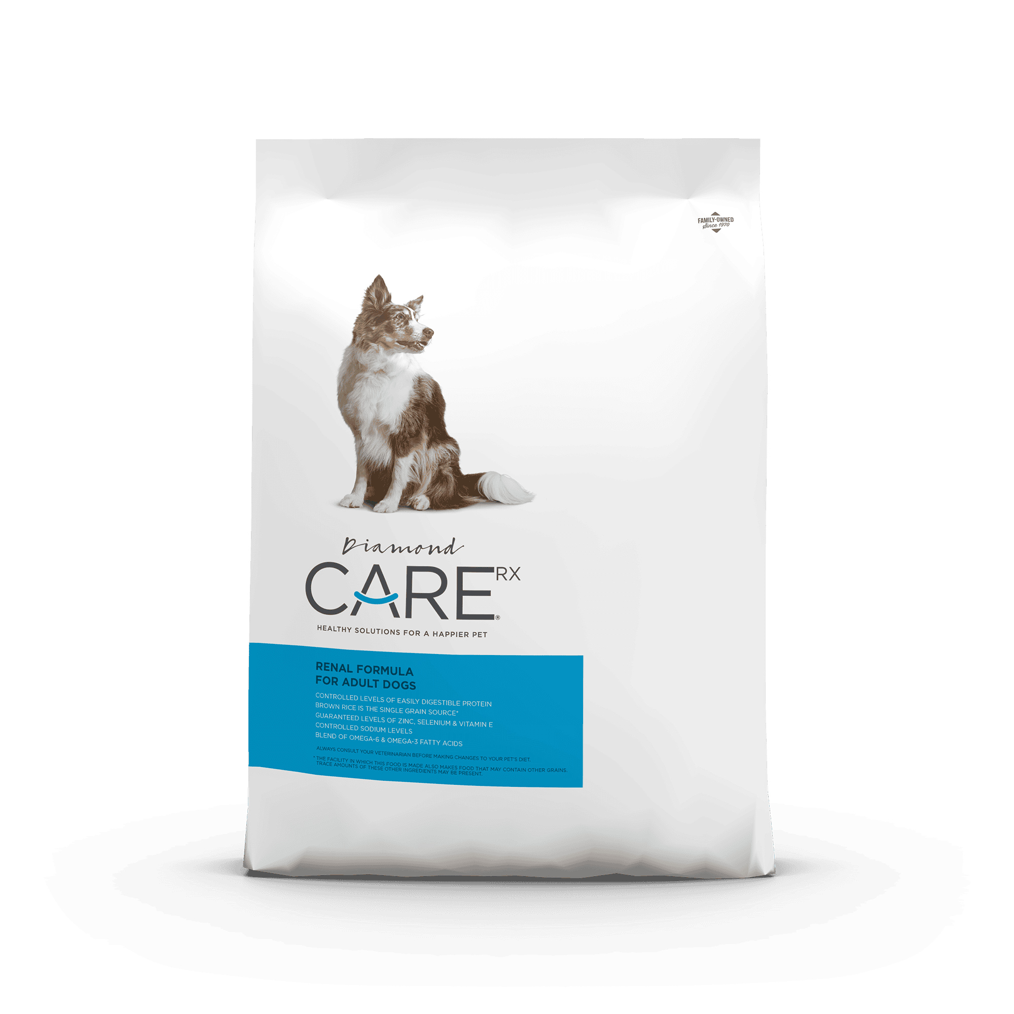 The front of a bag of Diamond Care Rx Renal Formula for Adult Dogs.