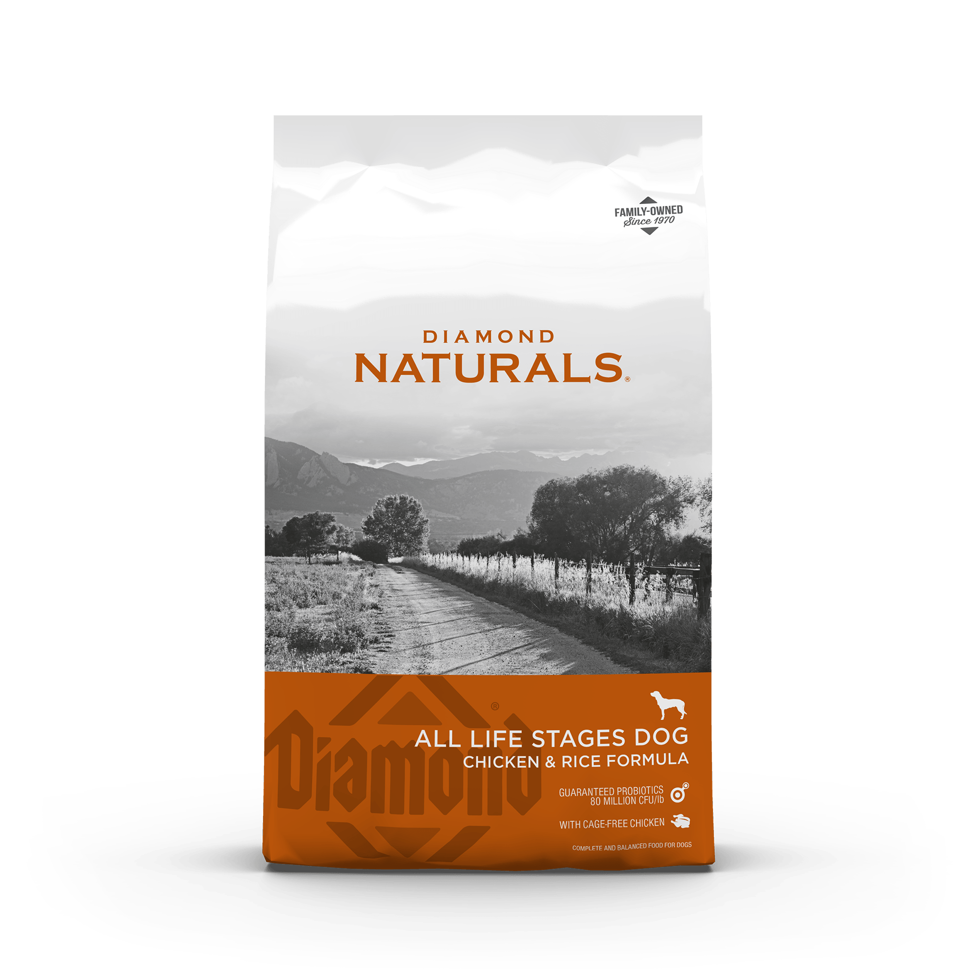 The front of a bag of Diamond Naturals All Life Stages Dog Chicken & Rice Formula.