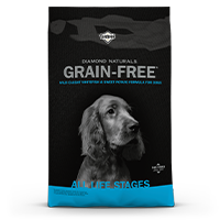 The front of a bag of Diamond Naturals Grain-Free Wild-Caught Whitefish & Sweet Potato Formula for Dogs.