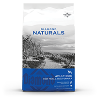 The front of a bag of Diamond Naturals Adult Dog Beef Meal & Rice Formula.