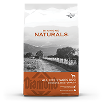 The front of a bag of Diamond Naturals All Life Stages Dog Chicken & Rice Formula.