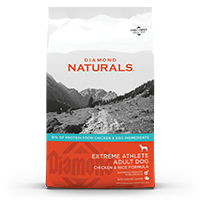 The front of a bag of Diamond Naturals Extreme Athlete Adult Dog Chicken & Rice Formula.