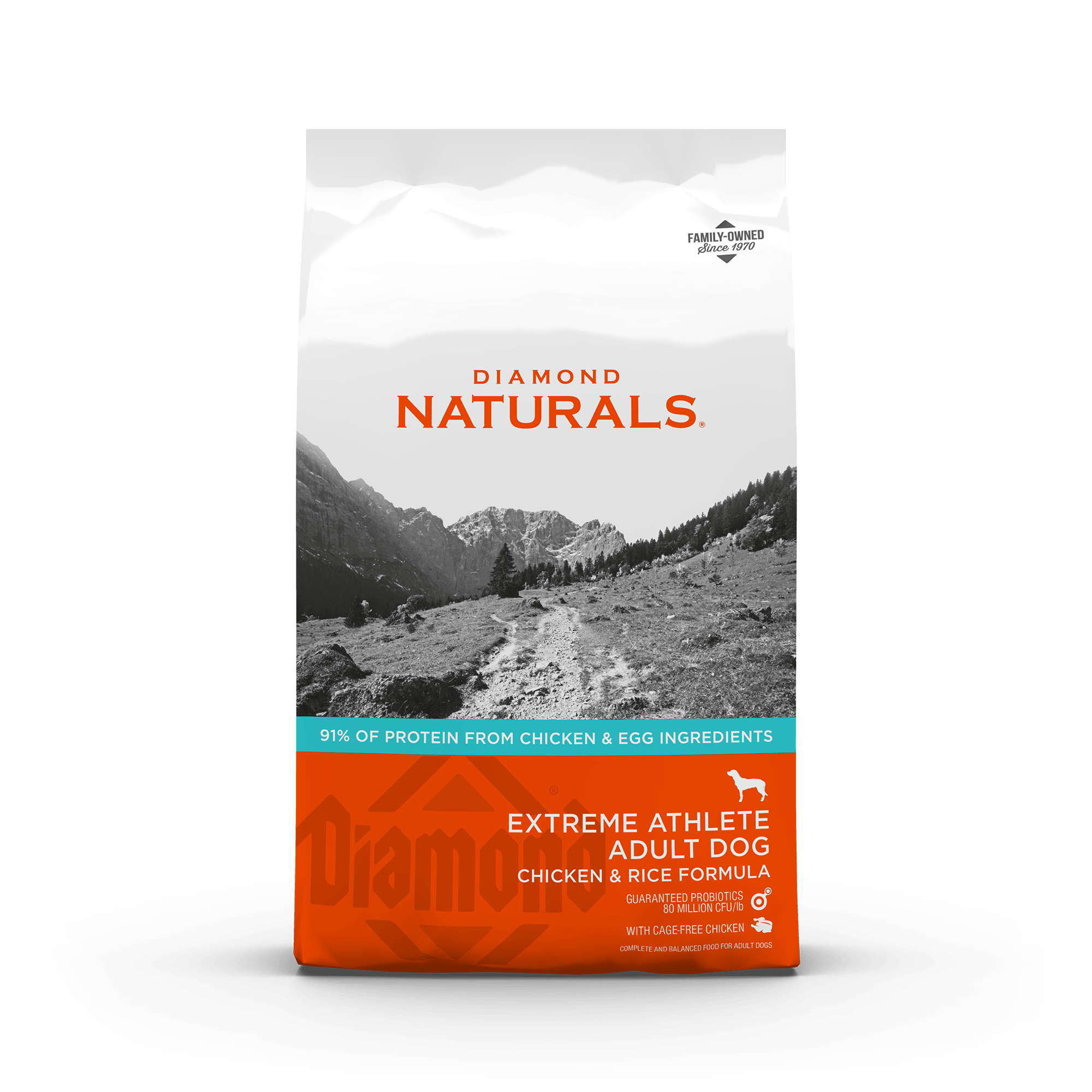 The front of a bag of Diamond Naturals Extreme Athlete Adult Dog Chicken & Rice Formula.