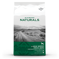 The front of a bag of Diamond Naturals Large Breed Adult Dog Chicken & Rice Formula.