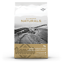 The front of a bag of Diamond Naturals Light Adult Dog Lamb Meal & Rice Formula.