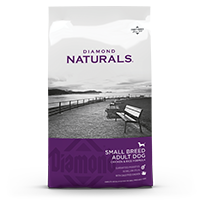 The front of a bag of Diamond Naturals Small Breed Adult Dog Chicken & Rice Formula.