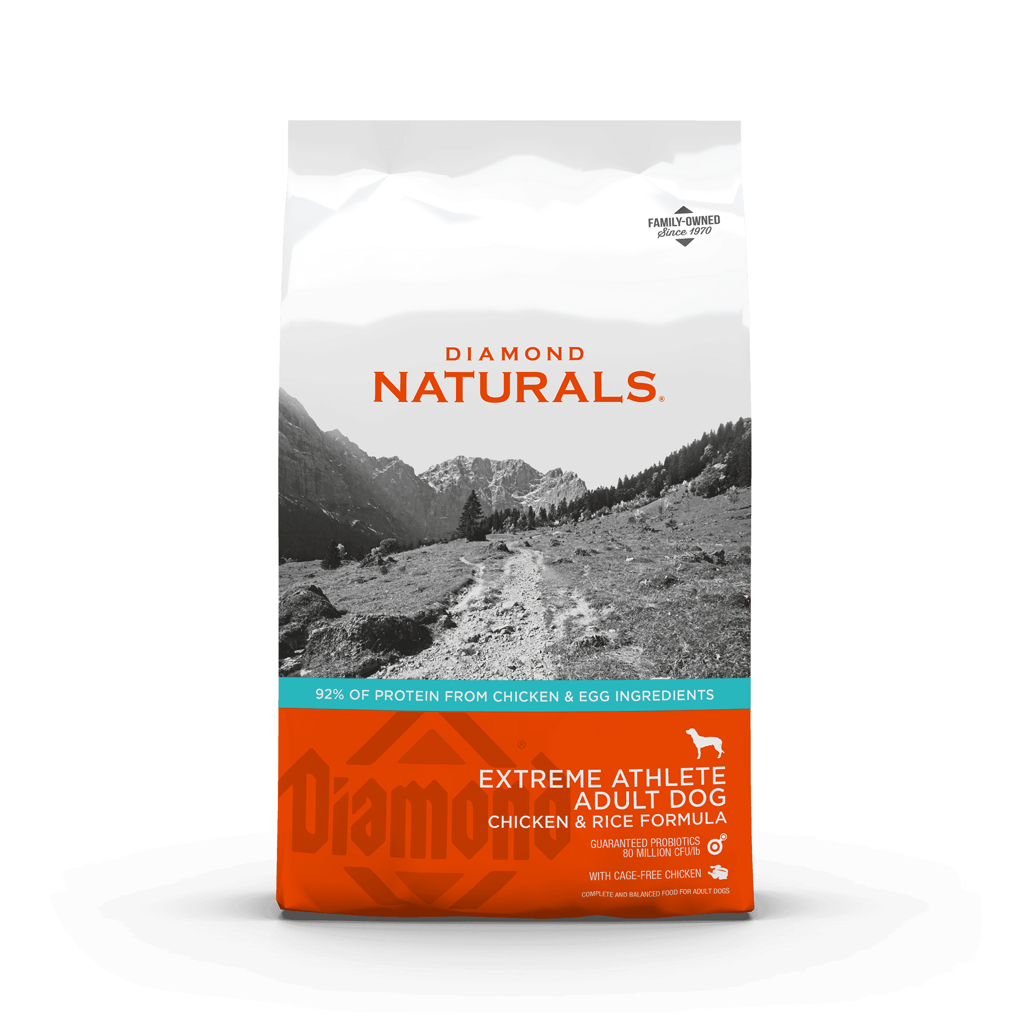 The front of a bag of Diamond Naturals Extreme Athlete Adult Dog Chicken & Rice Formula.