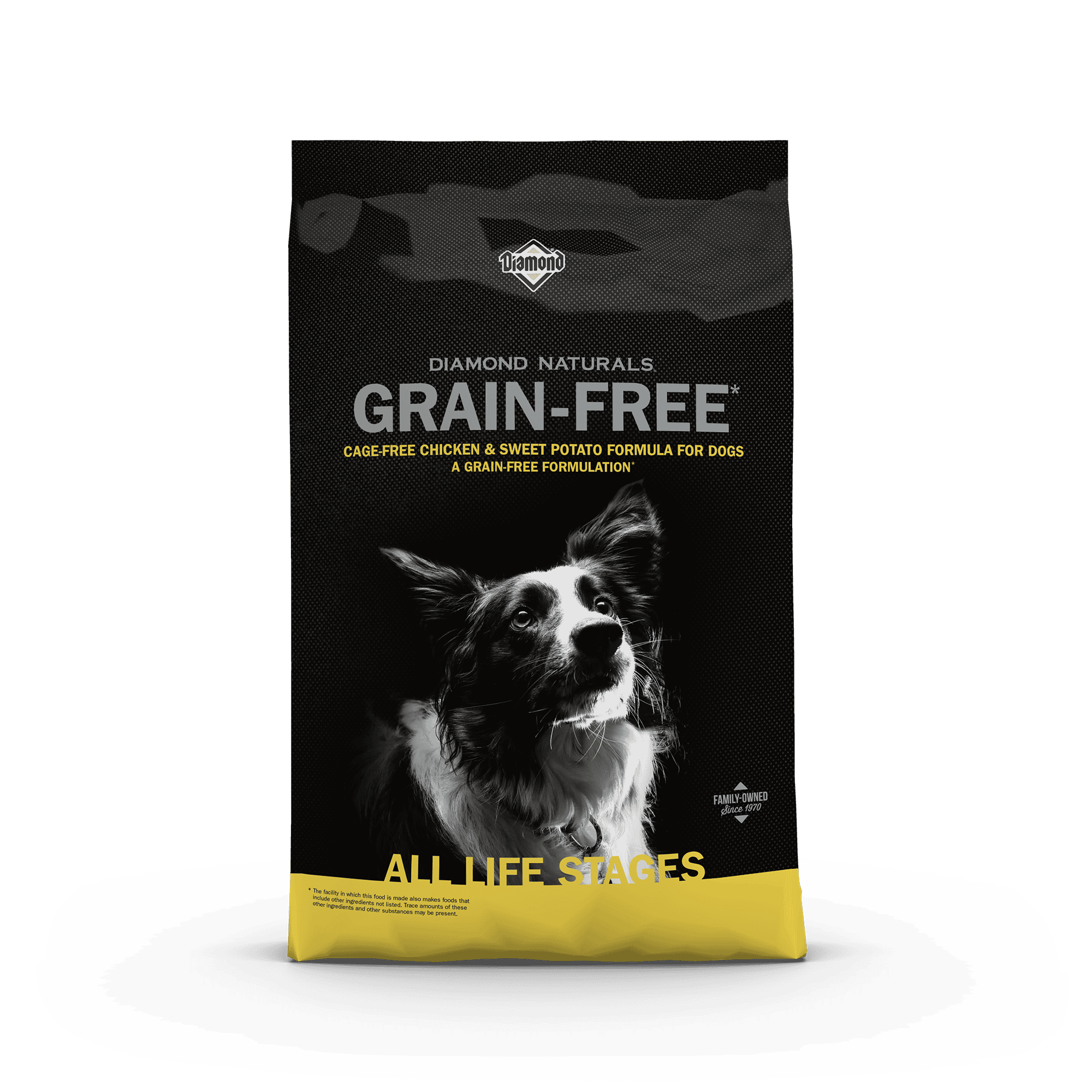 The front of a bag of Diamond Naturals Grain-Free Cage-Free Chicken & Sweet Potato Formula for Dogs.