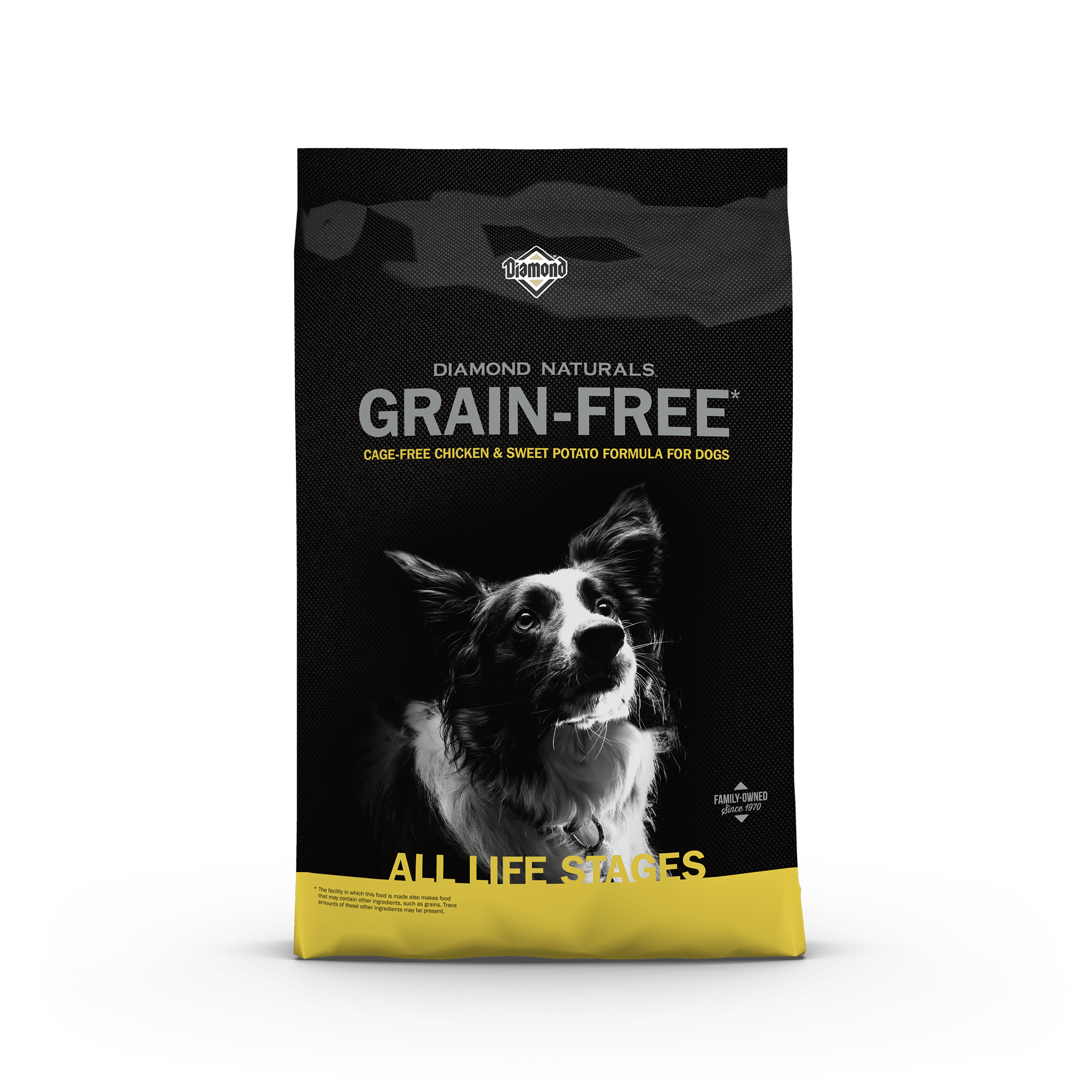 The front of a bag of Diamond Naturals Grain-Free Cage-Free Chicken & Sweet Potato Formula for Dogs.