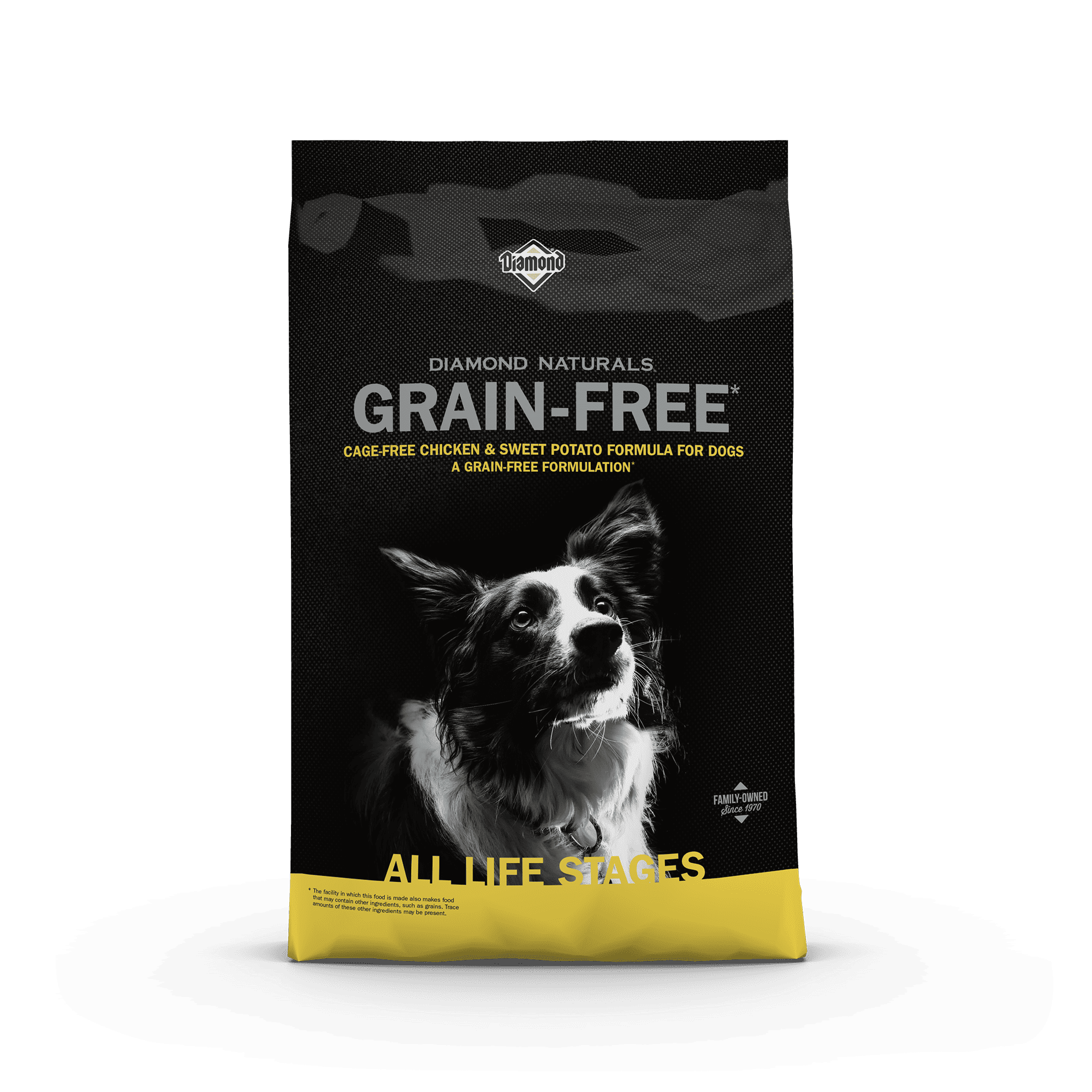 The front of a bag of Diamond Naturals Grain-Free Cage-Free Chicken & Sweet Potato Formula for Dogs.