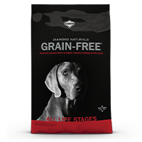 The front of a bag of Diamond Naturals Grain-Free Pasture-Raised Beef & Sweet Potato Formula for Dogs.