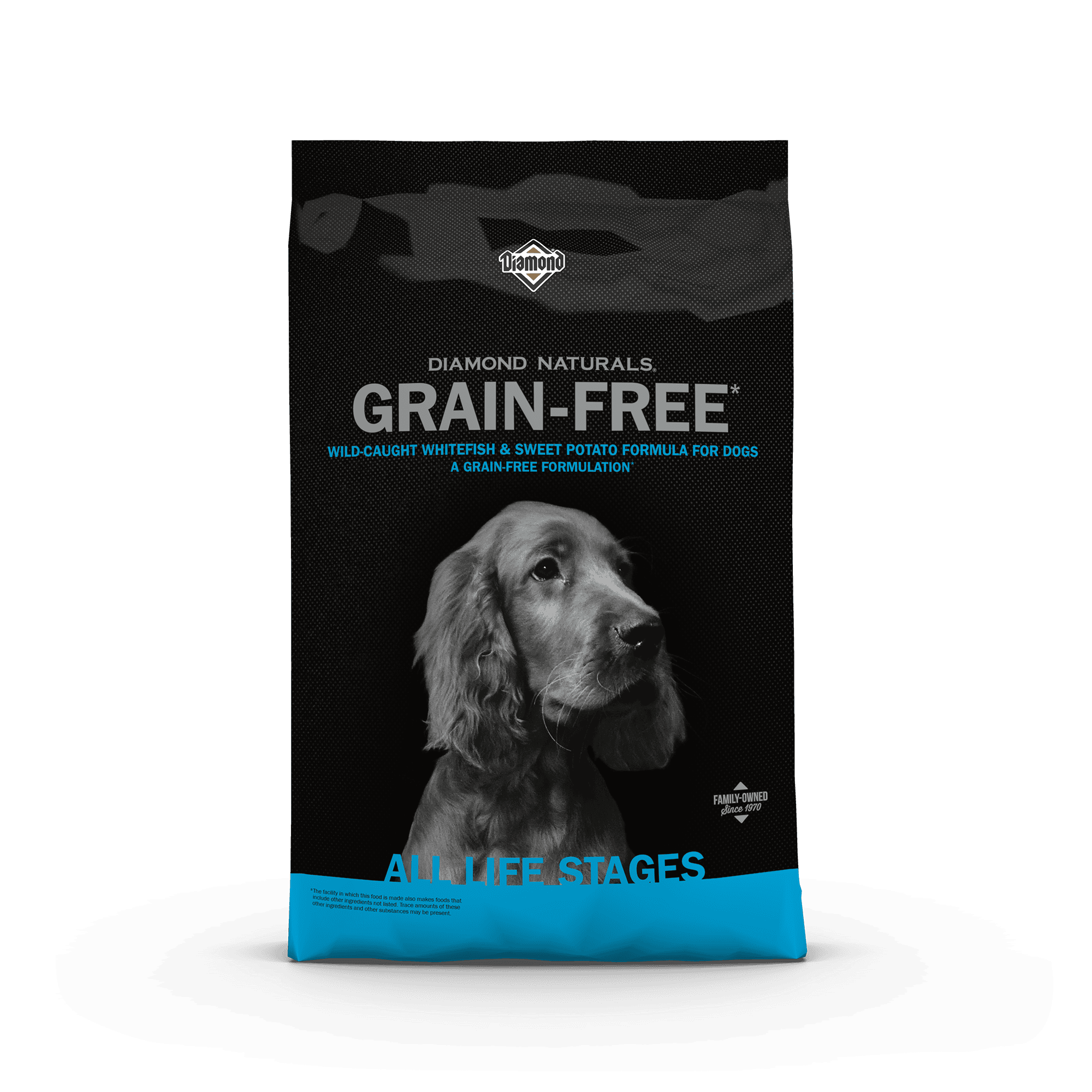 The front of a bag of Diamond Naturals Grain-Free Wild-Caught Whitefish & Sweet Potato Formula for Dogs.