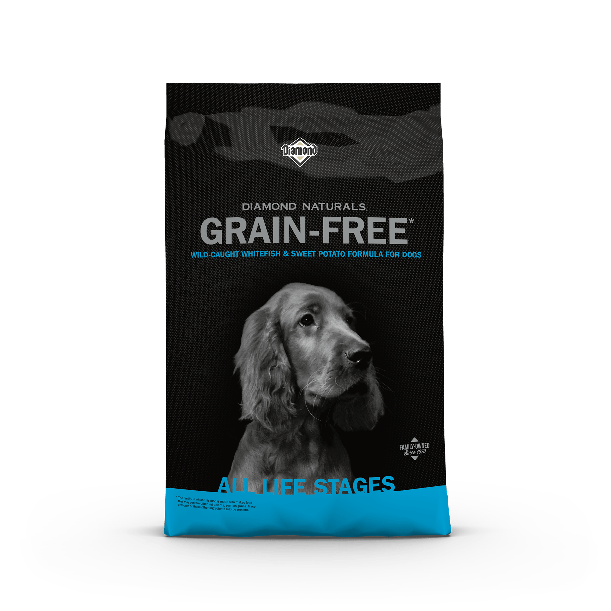 The front of a bag of Diamond Naturals Grain-Free Wild-Caught Whitefish & Sweet Potato Formula for Dogs.