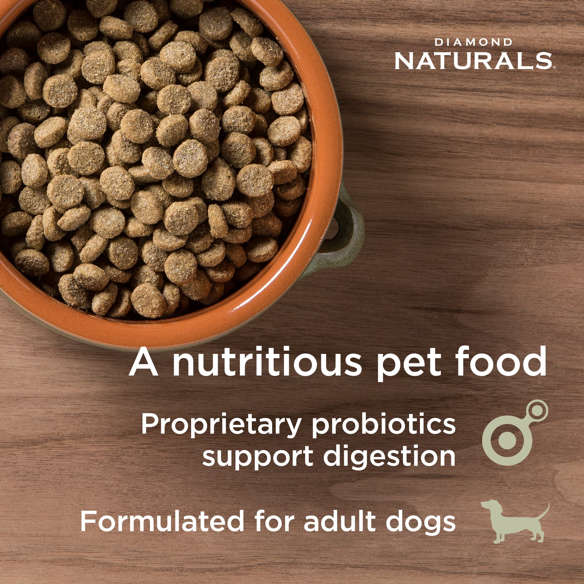 An orange ceramic bowl full of Diamond Naturals Light Adult Dog Lamb Meal & Rice Formula kibble.