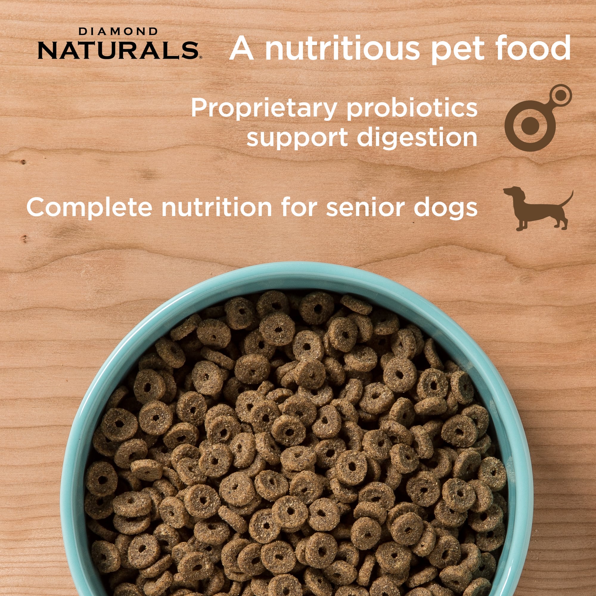 A blue ceramic bowl full of Diamond Naturals Senior Dog Chicken, Egg & Oatmeal Formula kibble.