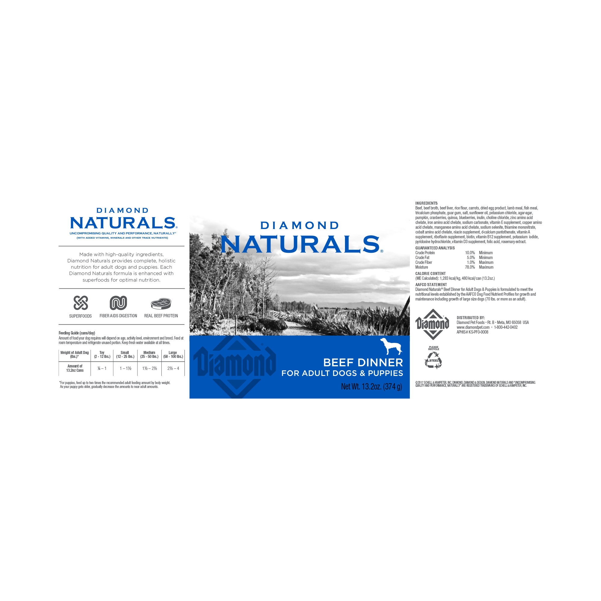 The label from a can of Diamond Naturals Beef Dinner for Adult Dogs & Puppies.