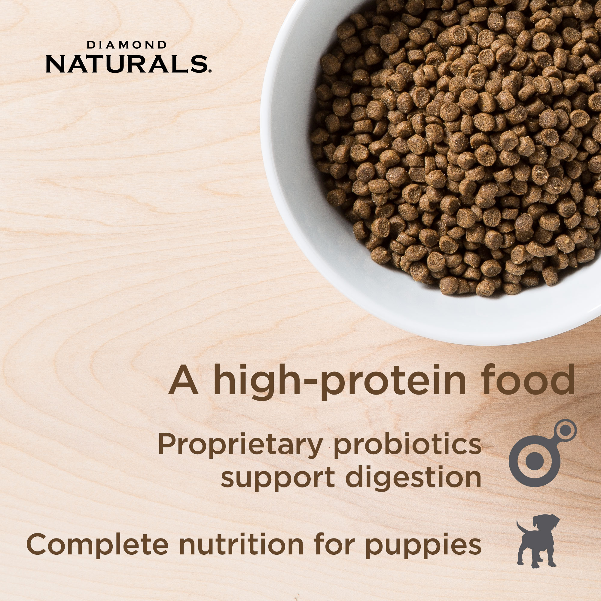 A white ceramic bowl full of Diamond Naturals Small & Medium Breed Puppy Chicken & Rice Formula kibble.