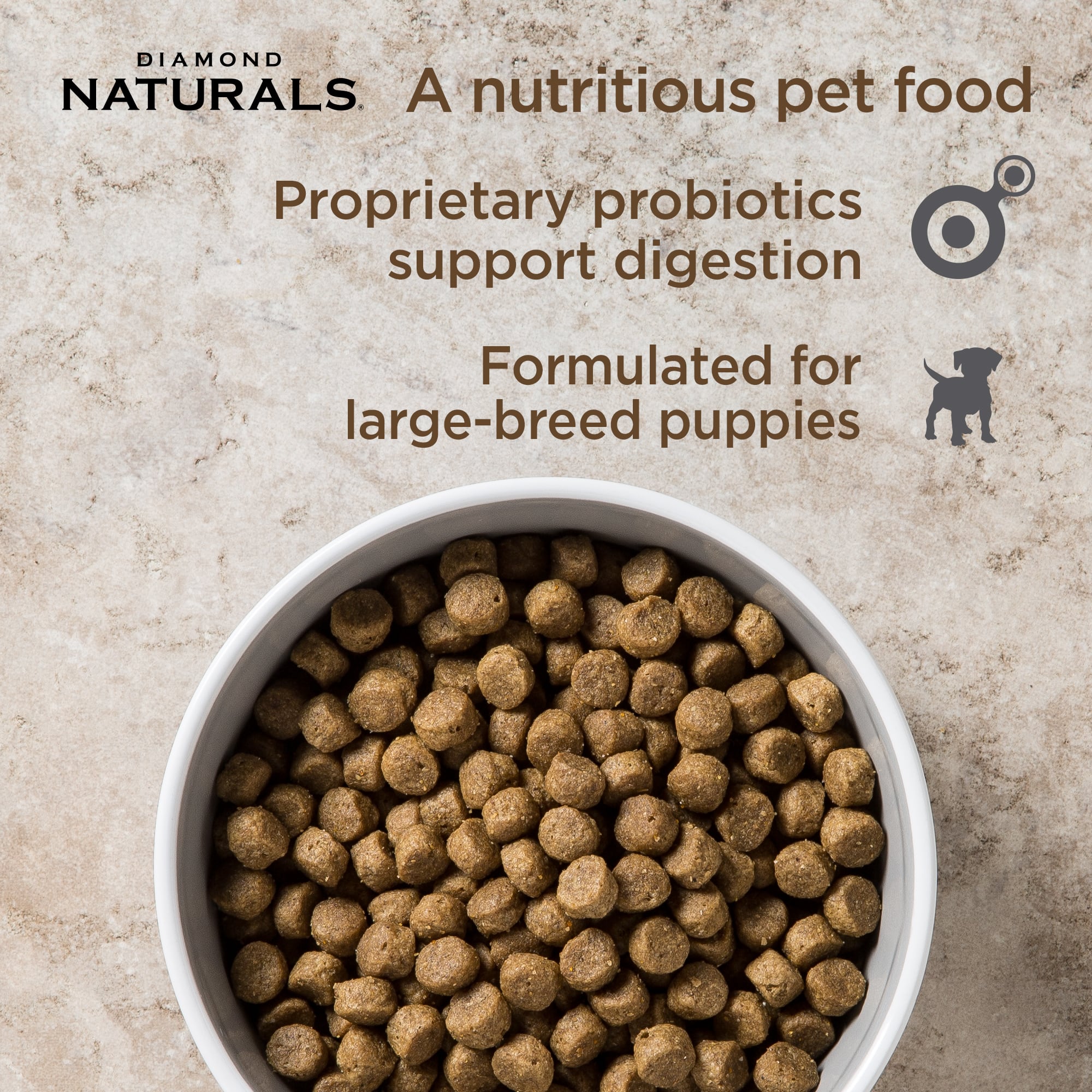 A metal bowl full of Diamond Naturals Large Breed Puppy Lamb & Rice Formula kibble.