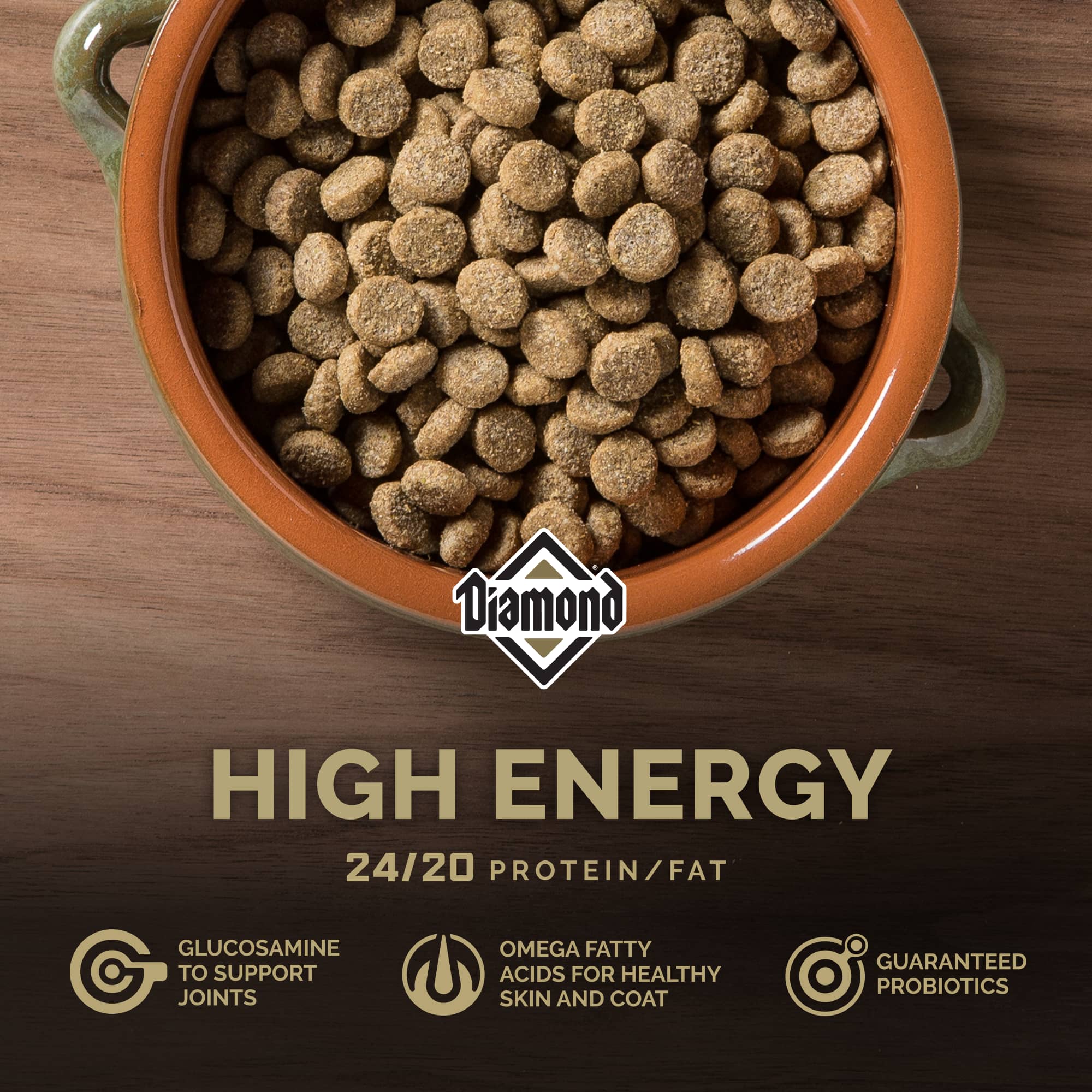 An orange ceramic bowl filled with Diamond High Energy kibble.
