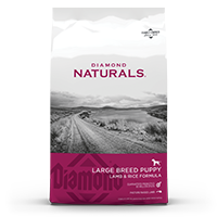 The front of a bag of Diamond Naturals Large Breed Puppy Lamb & Rice Formula.
