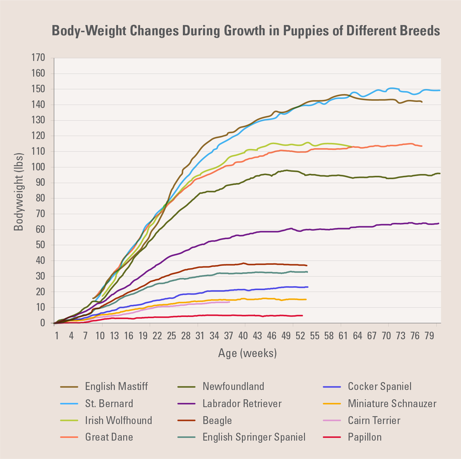 An interior graph depicting the body-weight changes of 12 different breeds as they age from birth up to 79 weeks old.