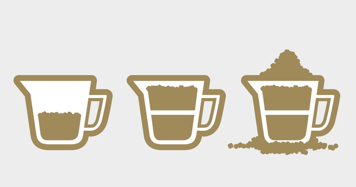 An interior graphic depicting cartoon images of a measuring cup that's half-full of kibble, full of kibble and overflowing with kibble.