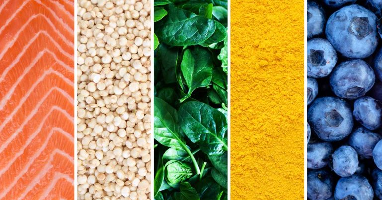 A collage of images displaying various common ingredients that are used in pet food recipes.