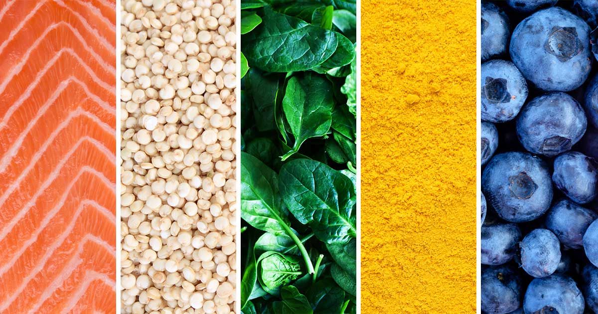 A collage of images displaying various common ingredients that are used in pet food recipes.