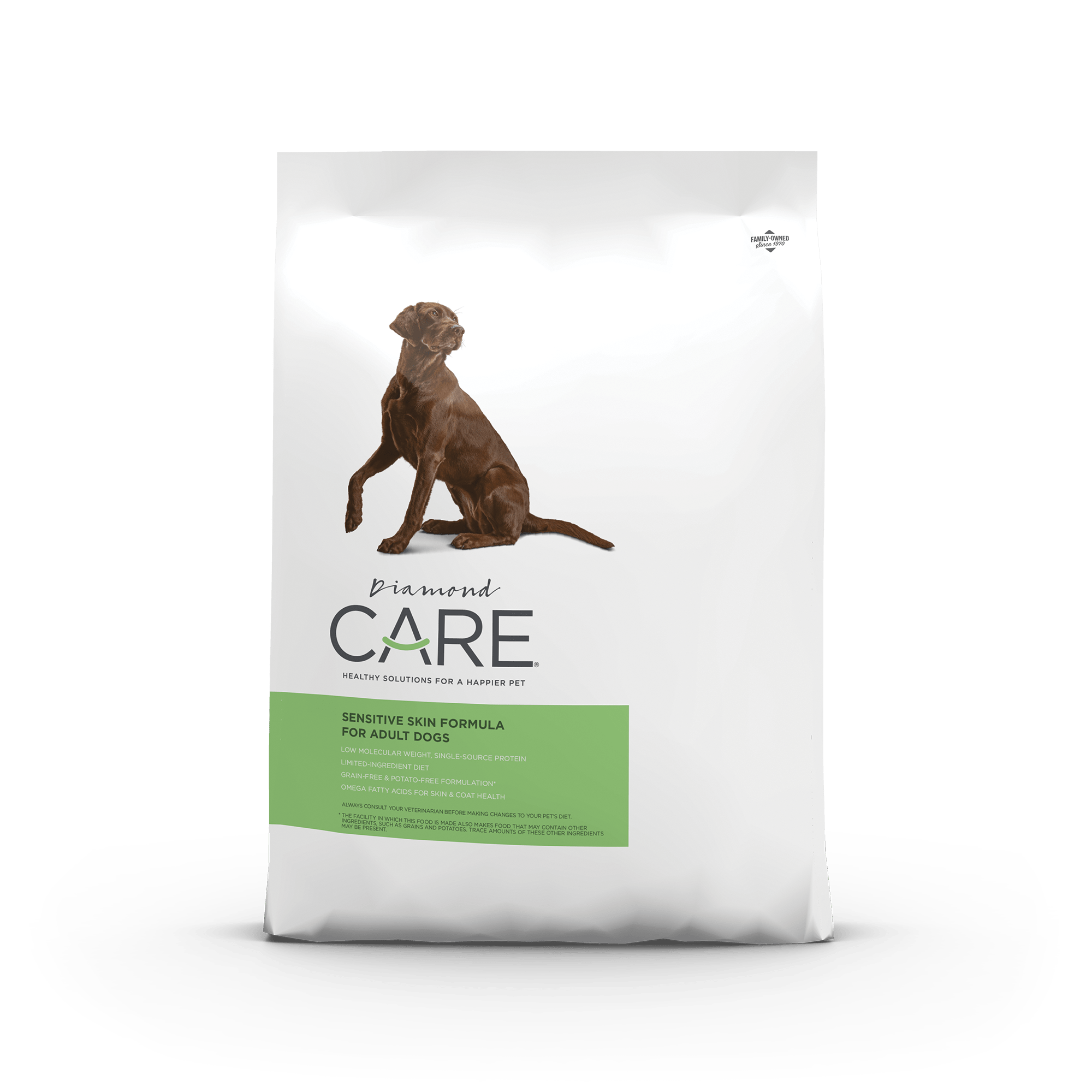 The front of a bag of Diamond Care Sensitive Skin Formula for Adult Dogs.