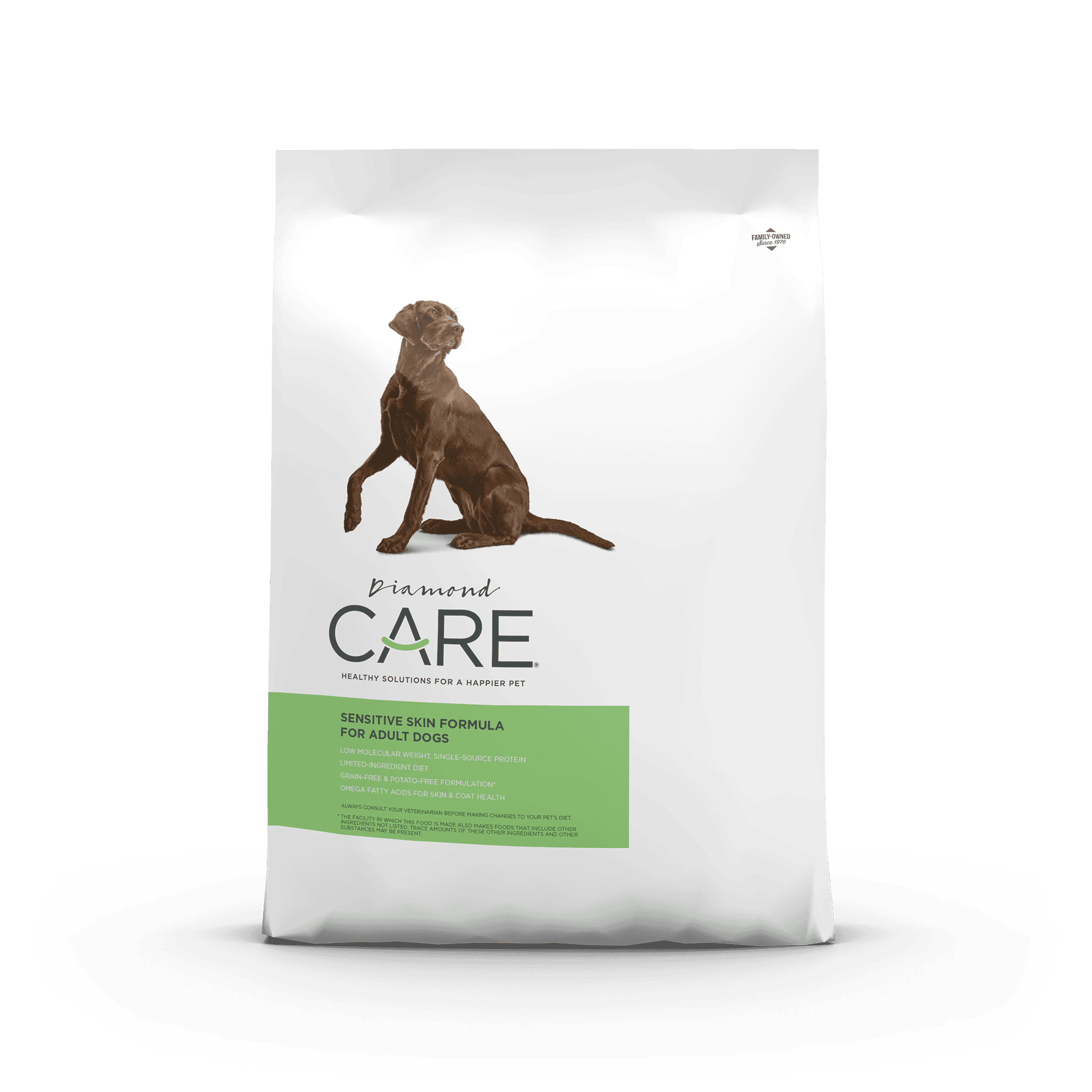 The front of a bag of Diamond Care Sensitive Skin Formula for Adult Dogs.