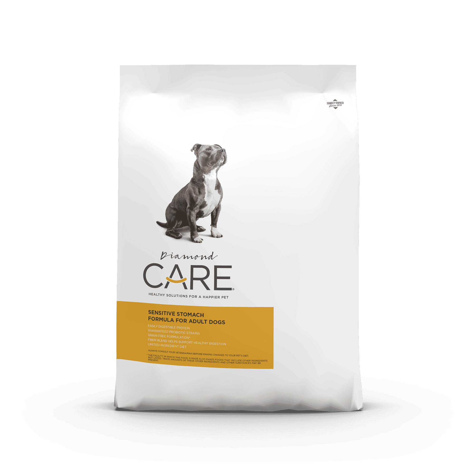 The front of a bag of Diamond Care Sensitive Stomach Formula for adult dogs.