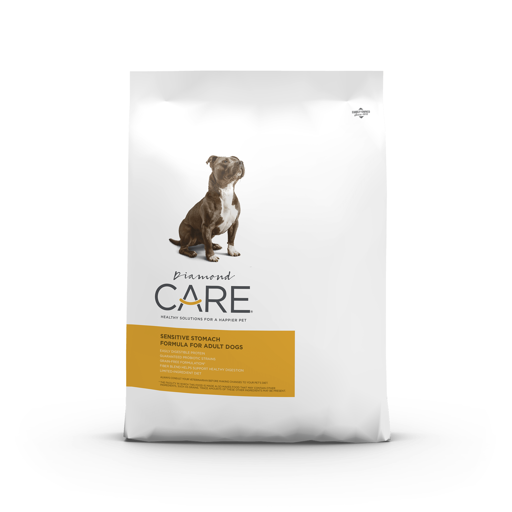 The front of a bag of Diamond Care Sensitive Stomach Formula for adult dogs.