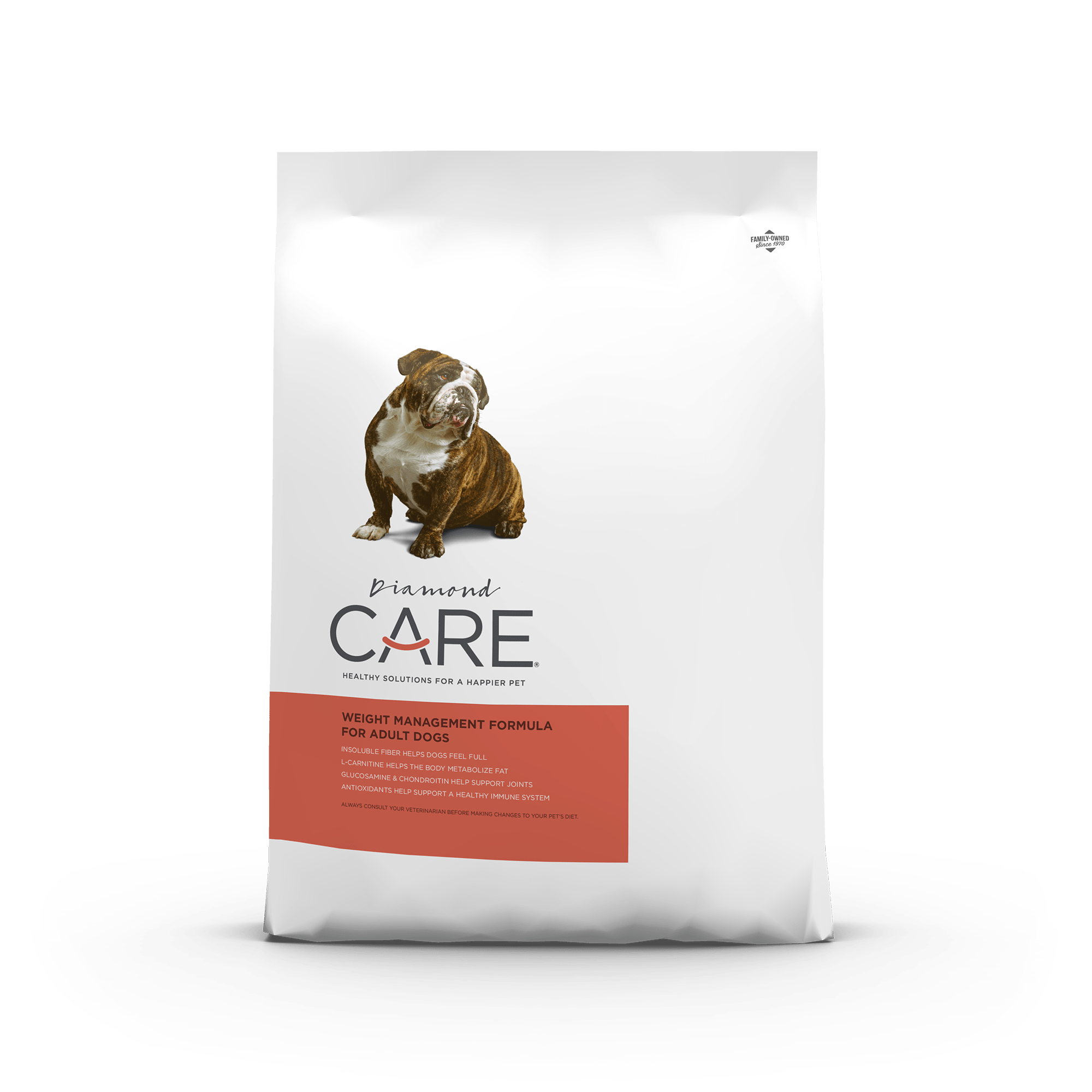 The front of a bag of Diamond Care Weight Management Formula for Adult Dogs.