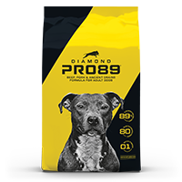 The front of a bag of Diamond Pro89 Beef, Pork & Ancient Grains Formula for Adult Dogs.