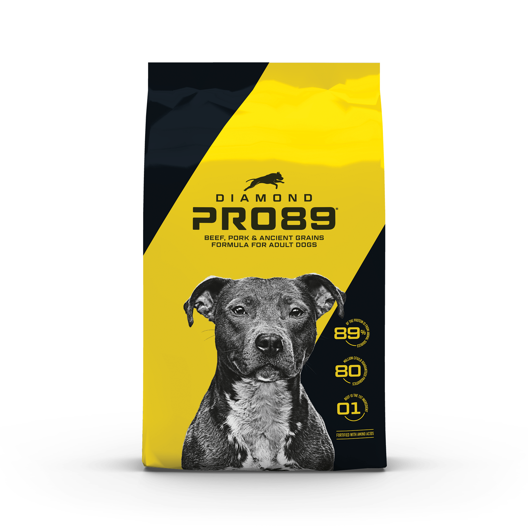 The front of a bag of Diamond Pro89 Beef, Pork & Ancient Grains Formula for Adult Dogs.