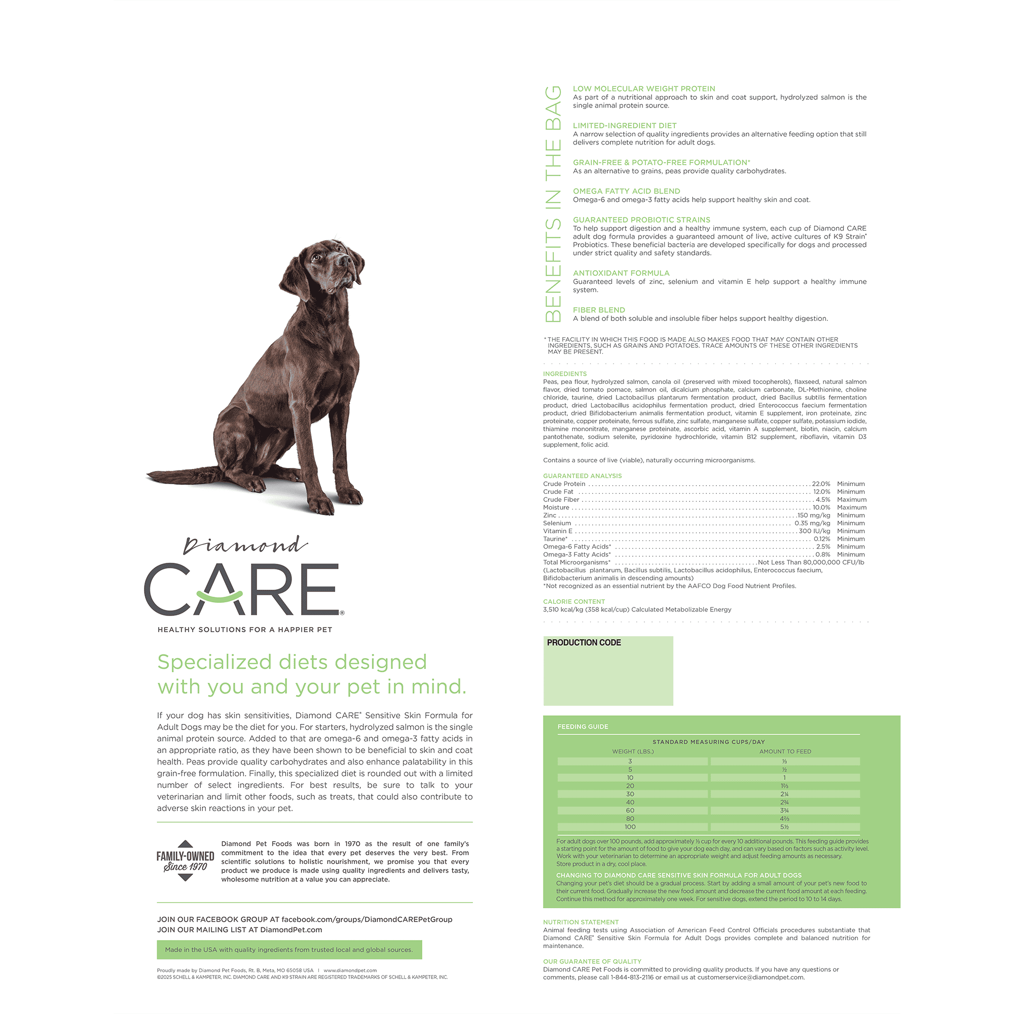 The back of a bag of Diamond Care Sensitive Skin Formula for Adult Dogs.