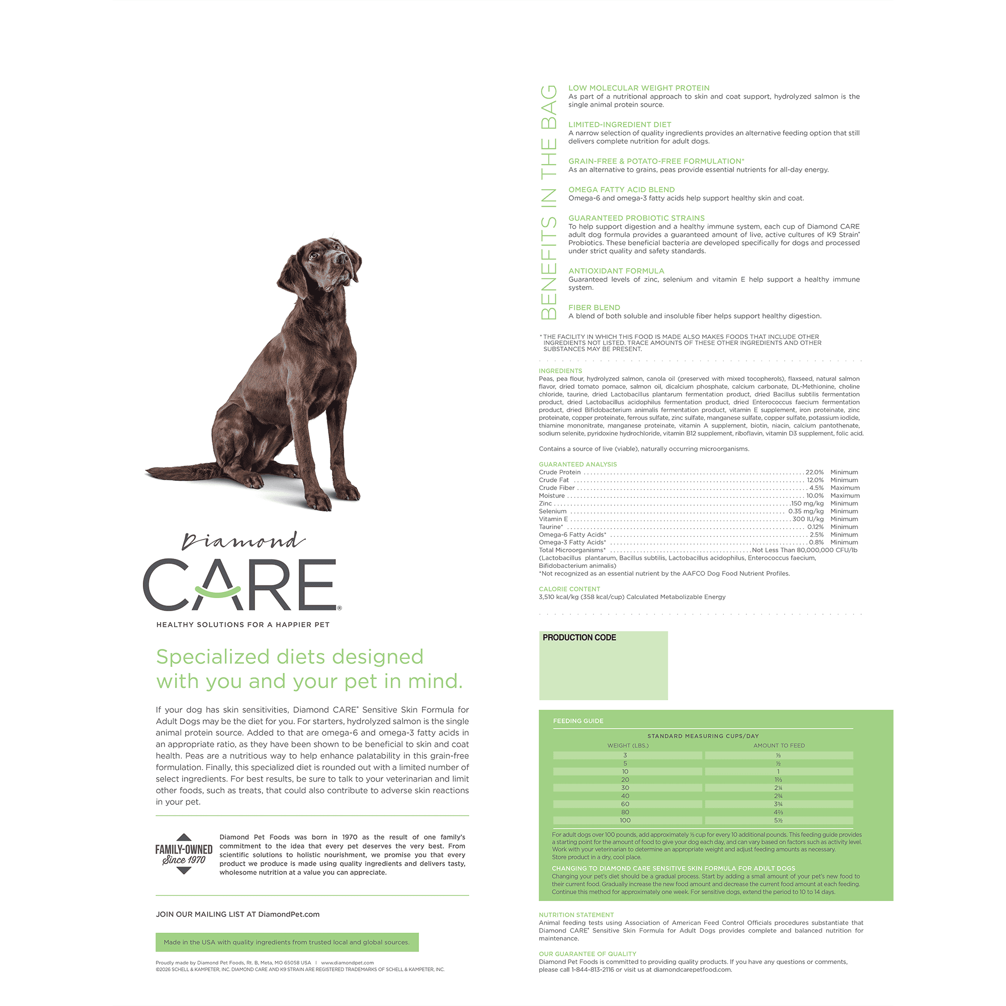 The back of a bag of Diamond Care Sensitive Skin Formula for Adult Dogs.
