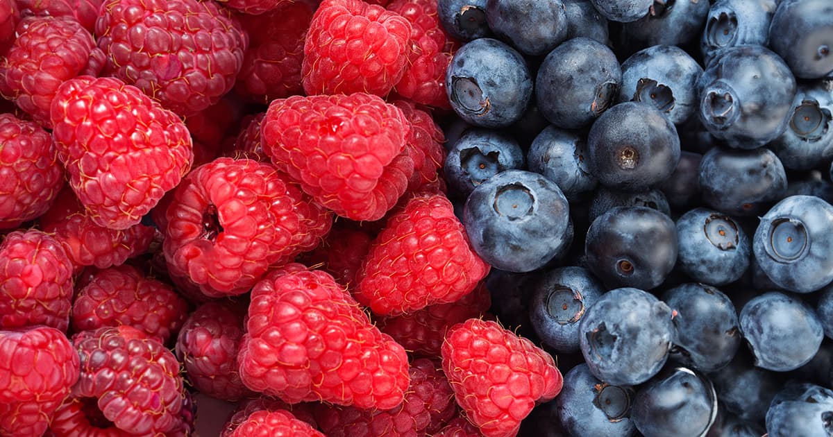 A close-up of raspberries and blueberries.