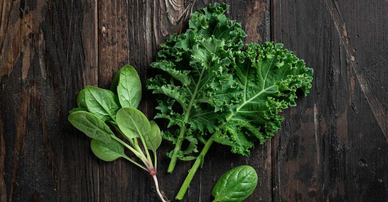 Kale leaves and spinach leaves lying on a wooden table.