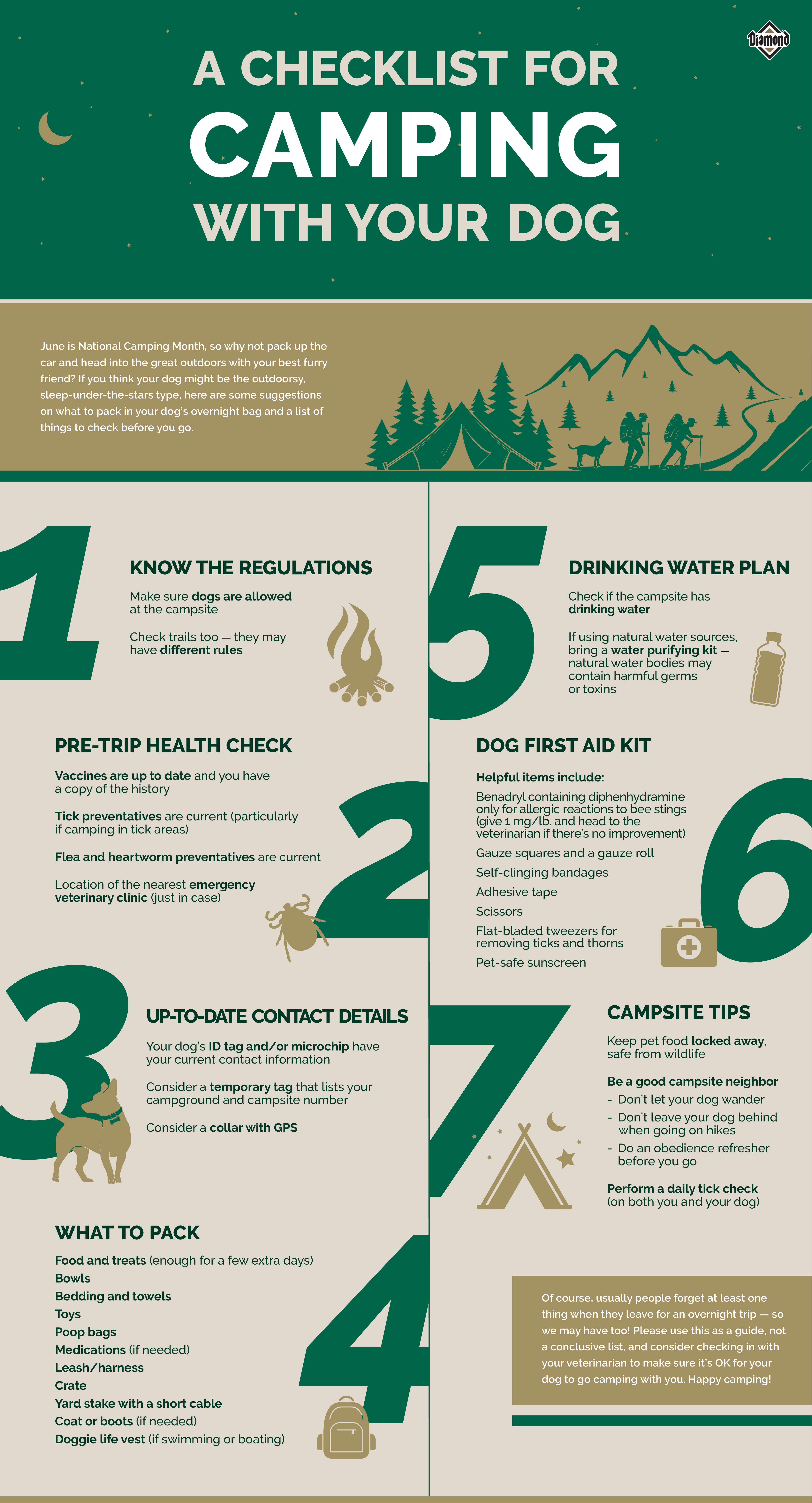 An interior infographic detailing seven tips for camping with your dog.