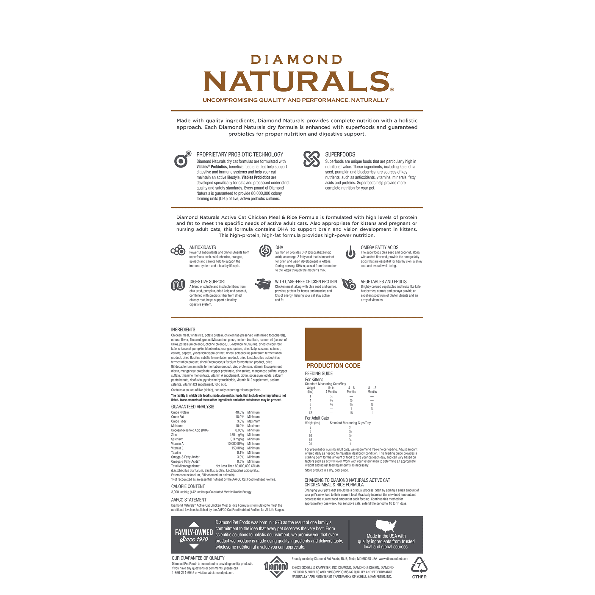 Diamond Naturals Active Cat Chicken Meal & Rice Formula bag back.