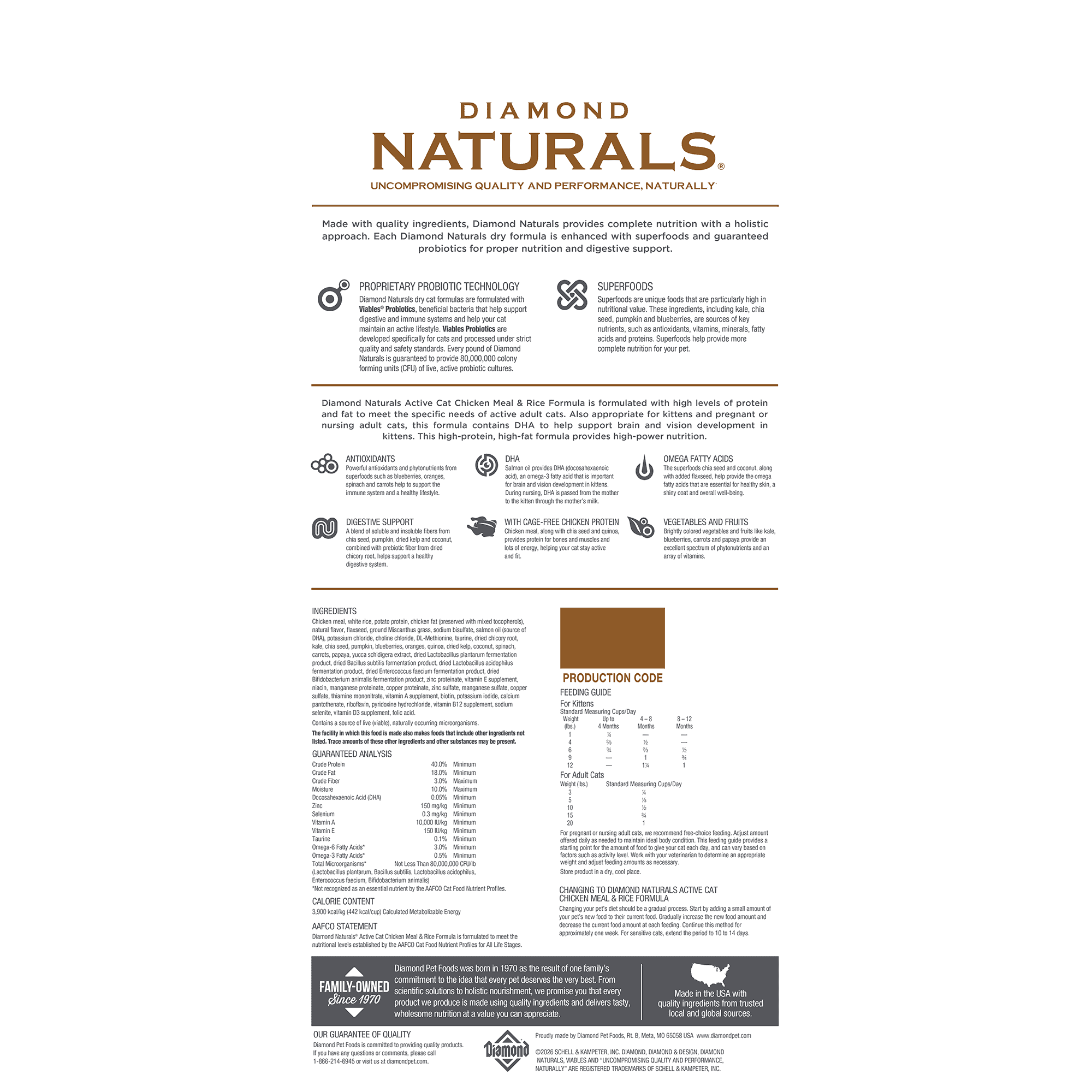 Diamond Naturals Active Cat Chicken Meal & Rice Formula bag back.