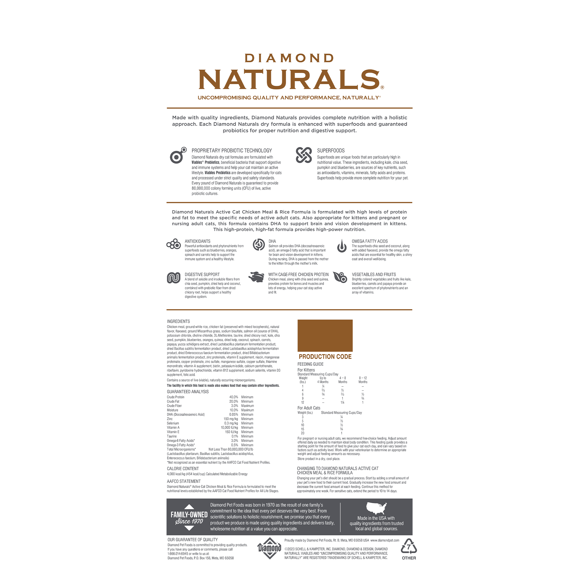 Diamond Naturals Active Cat Chicken Meal & Rice Formula bag back.