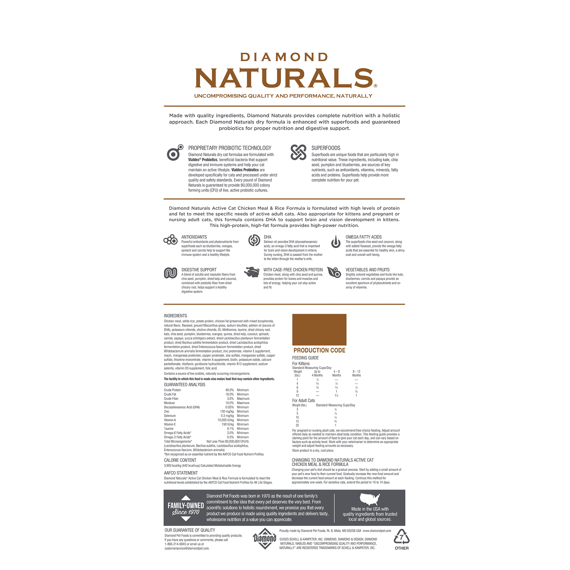 Diamond Naturals Active Cat Chicken Meal & Rice Formula bag back.