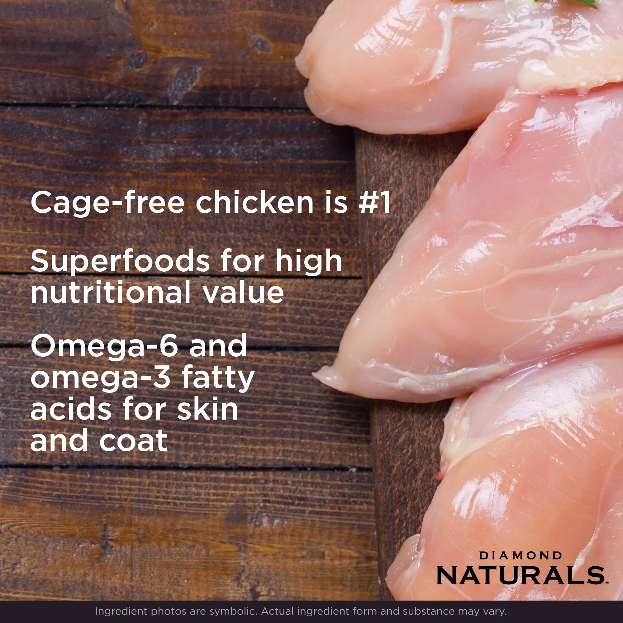 Three raw chicken breasts on a table.
