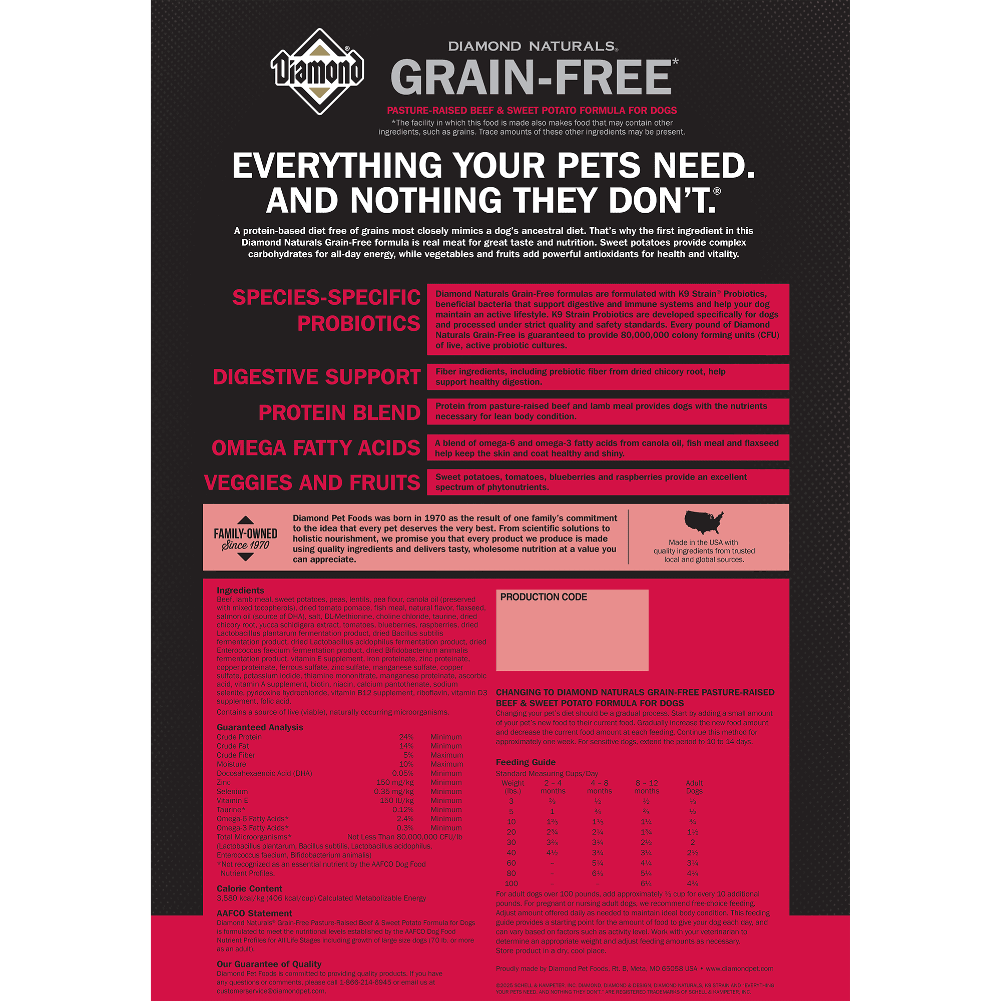 The back of a bag of Diamond Naturals Grain-Free Pasture-Raised Beef & Sweet Potato Formula for Dogs.