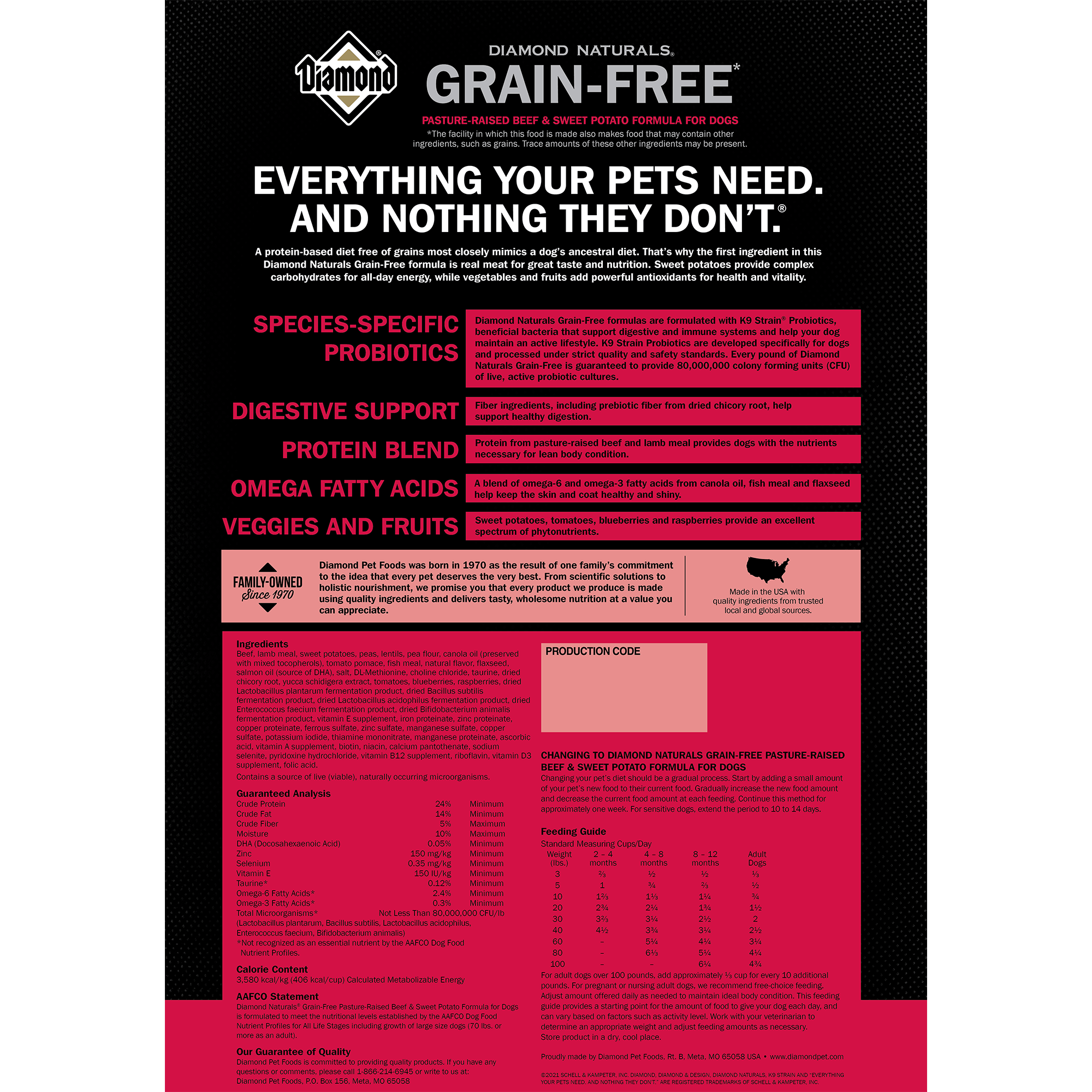 The back of a bag of Diamond Naturals Grain-Free Pasture-Raised Beef & Sweet Potato Formula for Dogs.