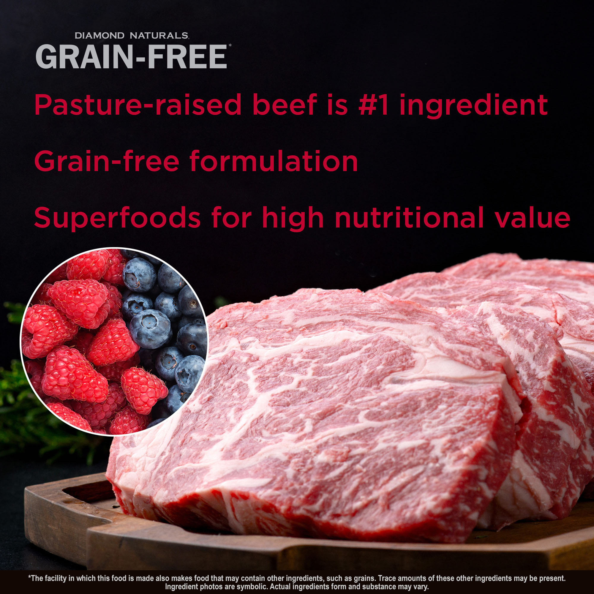 Four cuts of raw pasture-raised beef on a wooden cutting board with a small circular image of raspberries and blueberries overlaid on top of the beef.
